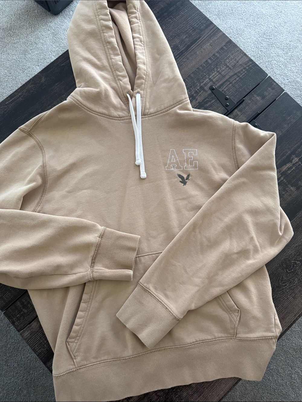 American Eagle Outfitters Beige/Tan Hoodie with AE Logo and logo on back